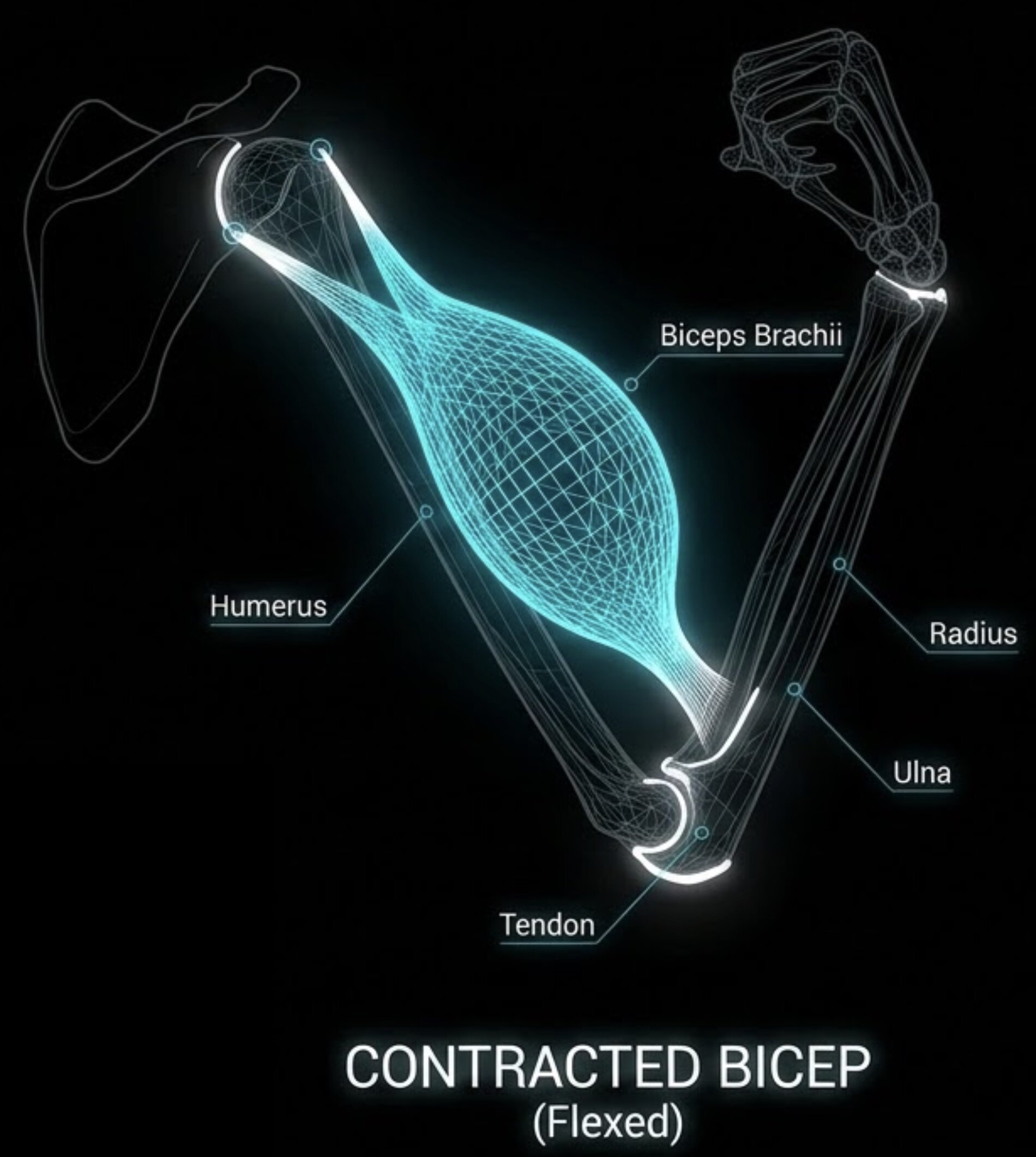 Anatomical wireframe of a bicep in the contracted (flexed) position, arm curled, showing the shortened muscle belly
